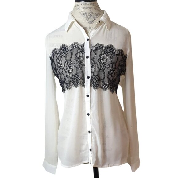Charming Charlie Womens Button-Down Blouse M Sheer Blk Eyelash Lace Office Boho - Picture 1 of 8